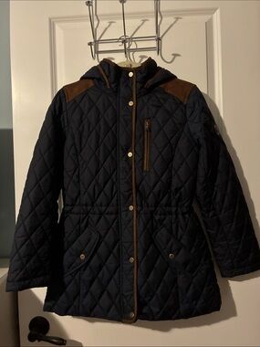 NWOT Lauren Ralph Lauren Navy Quilted Hooded Puffer with Brown Trim